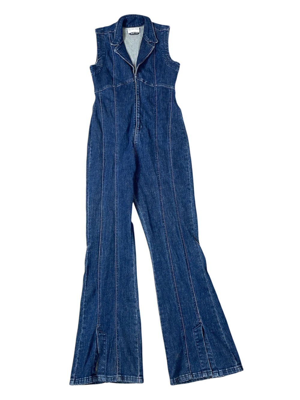 Free People CRVY Ring The Alarm Denim Jumpsuit V-Neck Sleeveless Zip Front  XS